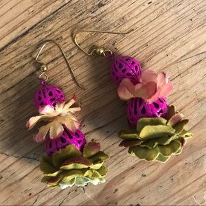 Handmade Metal Ball & Silk Flower Dangle Earrings